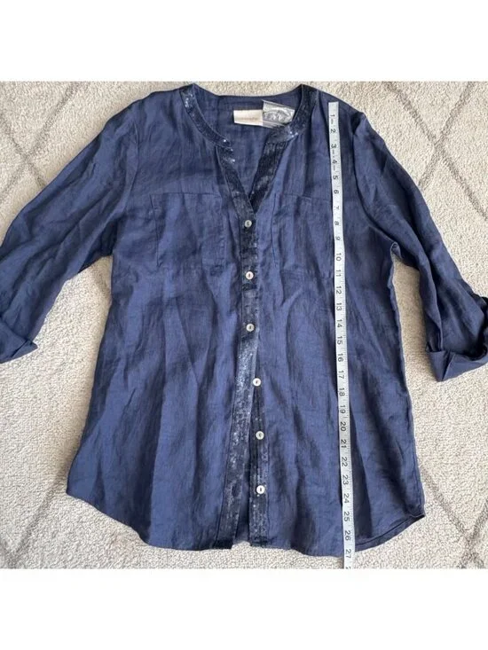 Chico’s NWT Linen Sequin Trim Blouse Blue Button Front Top Lightweight - Picture 4 of 7